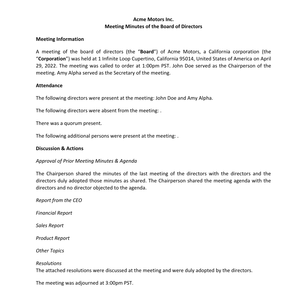 Create Board Meeting Minutes Rally Legal